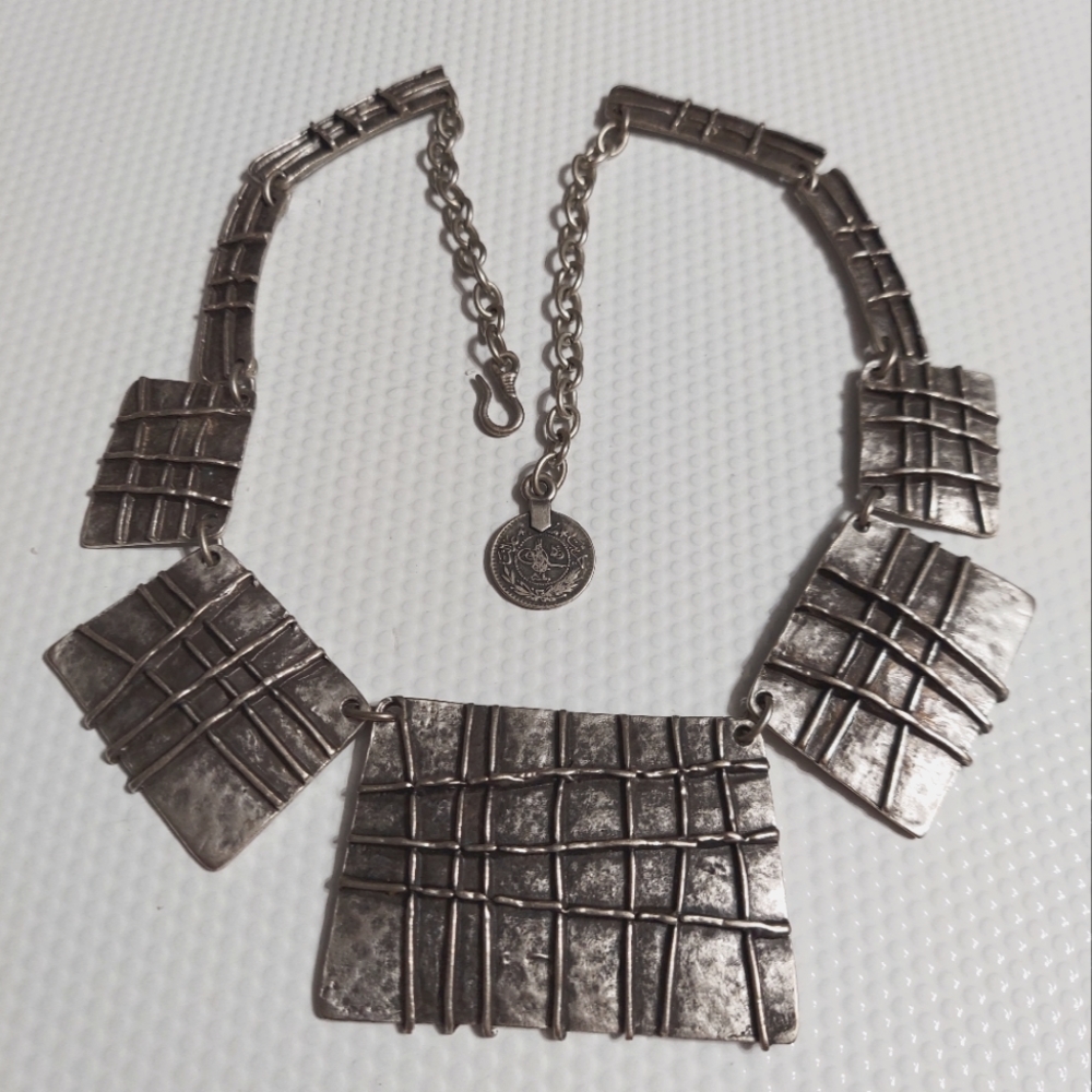 Textured Silver Cross Bar Design Statement Necklace